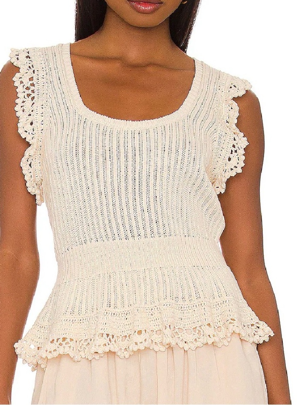 PAIGE Cream Knit Peplum Tank with Crochet Trim